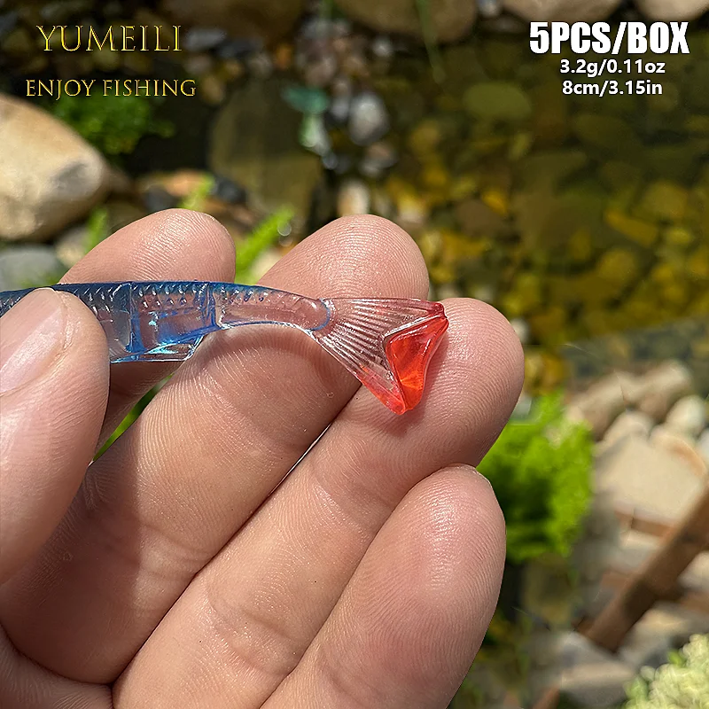 YUMEILI 5 Stück Regenbogen-Fisch-Softbait, mit integrierten reflektierenden Pailletten, 3D-simulierten Augen und großem T-Schwanz – Detail 4