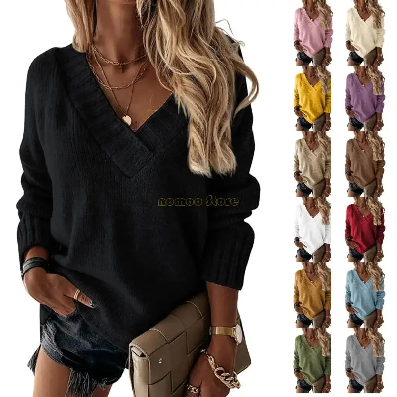 

31BF Women's loose V-neck long-sleeved sweater, ribbed knit, loose pullover