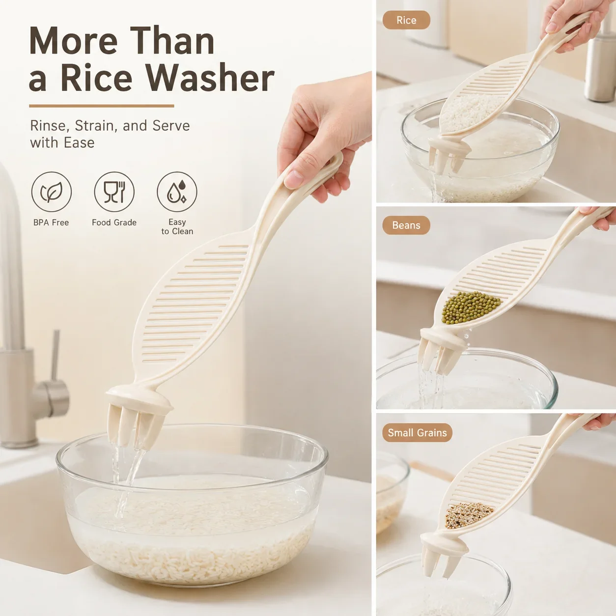 Kitchen Rice Washing Bowl, Non-Leak Filtering Colander with Anti-Slip Base, Hands-Free Rice Strainer for Grains and Vegetables