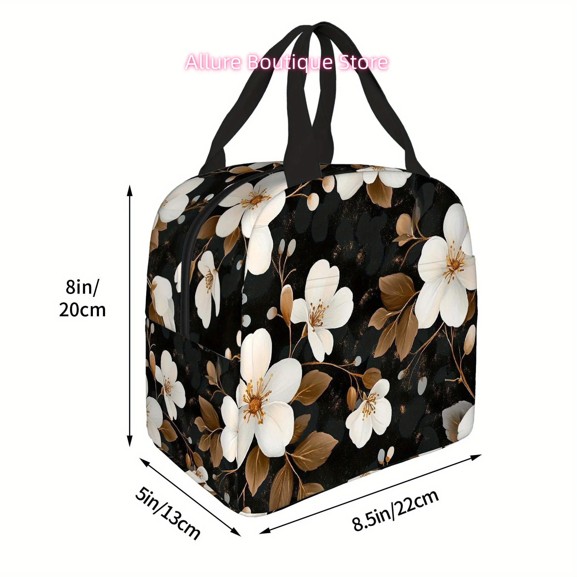 1pc, Featuring a Floral Design with White Blooms Against a Black Backdrop. This Printed Thermal Bag Is Insulated And Not Intende