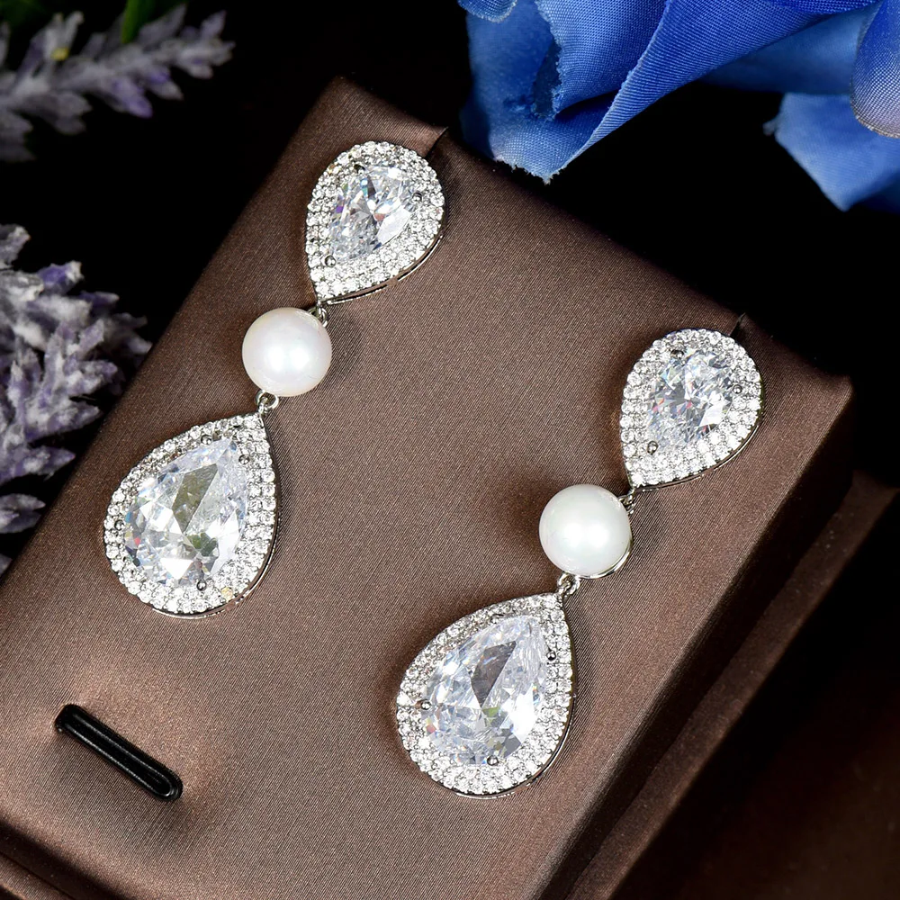 

HIBRIDE Classic Big Water Drop AAA Cubic Zirconia Pearl Earring White Color Luxury Wedding Bridal Long Dangle Earrings E-548