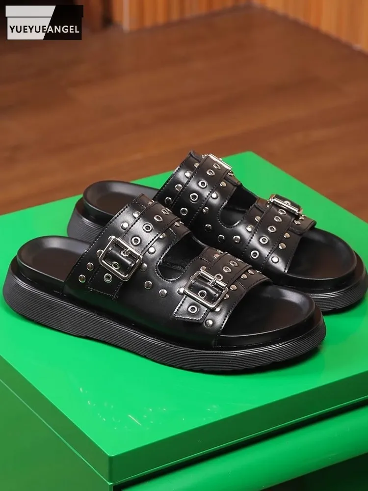 Summer Mens Outside Slides Cowhide Genuine Leather Buckle Strap Rivets Shoes New Designer Fashion Thick Platform Beach Slippers