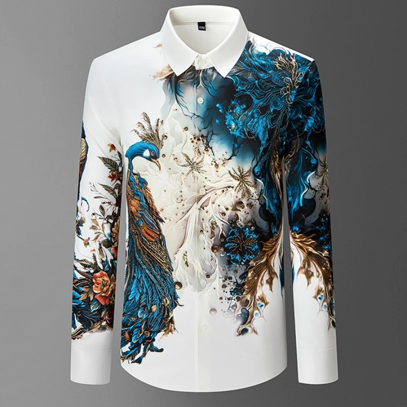 Heavy Duty Rhinestone Long Sleeved Shirt for Men Luxury Casual Business Dress Shirts Stage Celebrity Banquet Party Shirt 2025