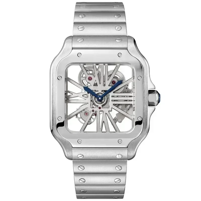 ساعات رجالي فاخرة هيكل عظمي حركة كوارتز ساعات مربعة مزدوجة الجوانب 904L حزام من الفولاذ المقاوم للصدأ Montre De Luxe