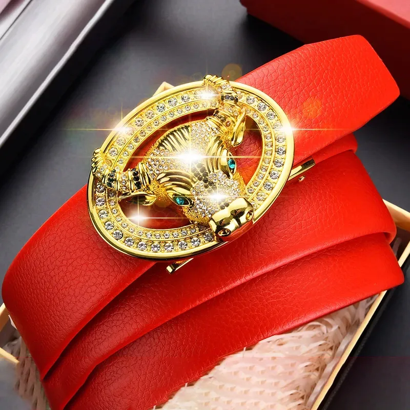 

3.5cm Genuine Leather Red Belt High-Quality Business Travel Men's Wedding Banquet Versatile Gold Cow Head Automatic Buckle Belt