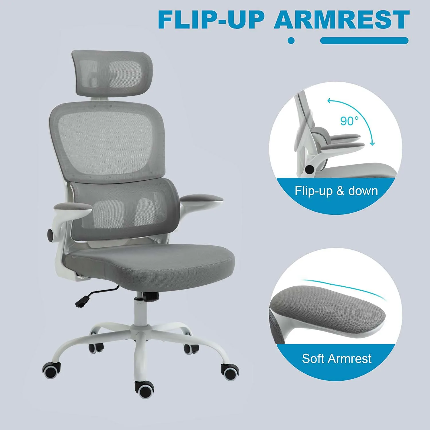 AnneFish Ergonomically Adjustable and Rotatable Home Office Gaming Chairs with Upturned Armrests Grey