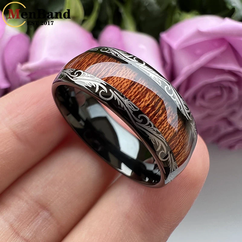 MenBand Vintage 8MM Leaf Veins Black Men Women Tungsten Carbide Wedding Band Ring Koa And Dark Red Wood Inlay Dome Comfort Fit