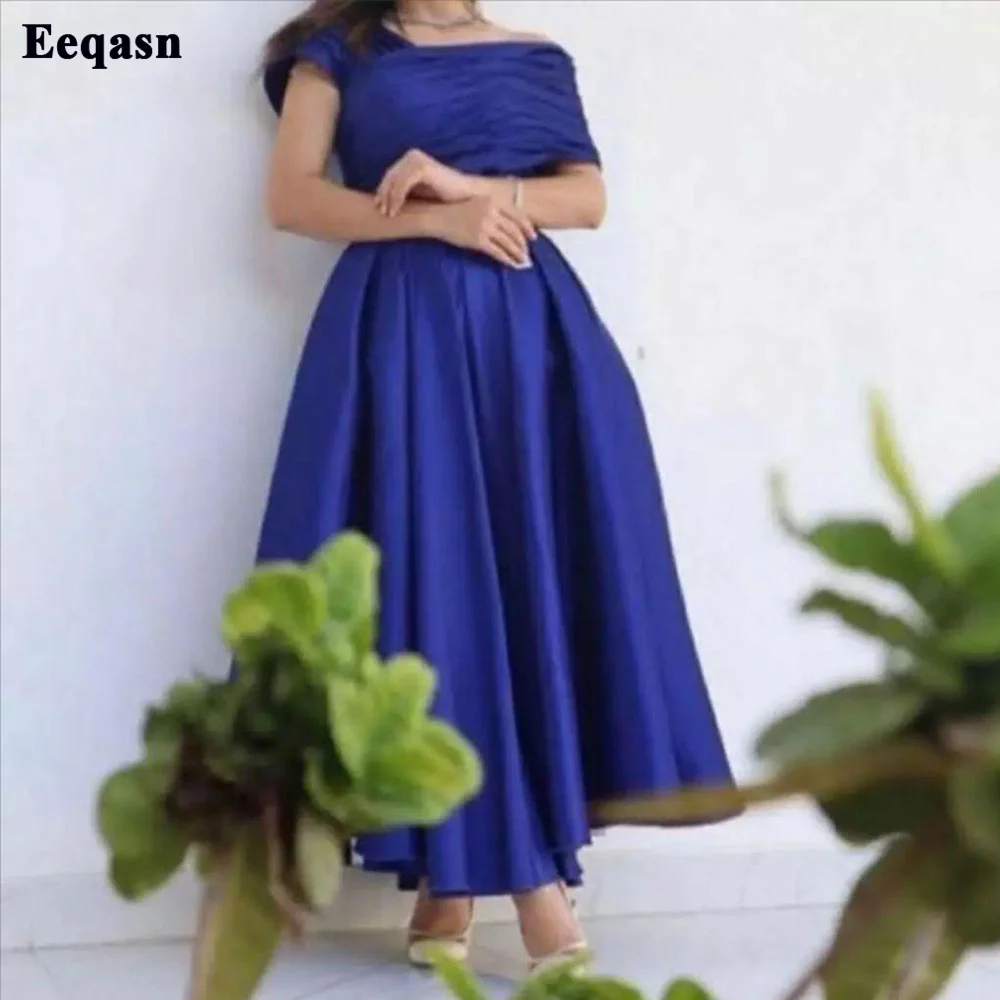 

Eeqasn Royal Blue Saudi Arabia Midi Prom Dresses Women Prom Gowns One Shoulder Pleat Satin Short Wedding Party Bridesmaid Dress