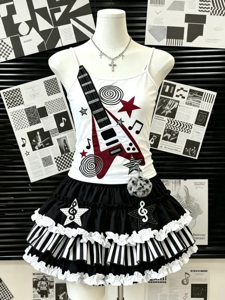 2000s Y2K Piano Print Lace Ruffle Two‑Piece Outfit Women Harajuku Retro Strap Tops Layered Mini Skirt Summer Party Suit New