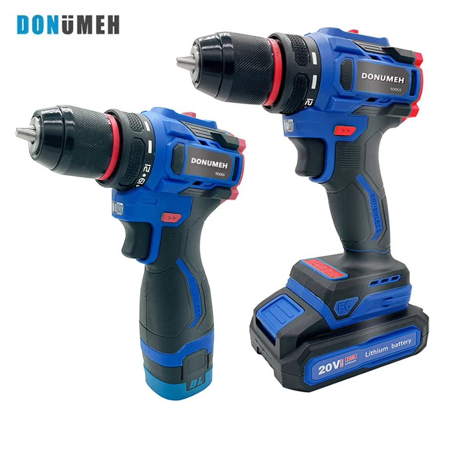 DONUMEH 20V Cordless Electric Drill Impact Electric Screwdriver Brushless Motor Big Torque Metal Collet Rechargeable Battery