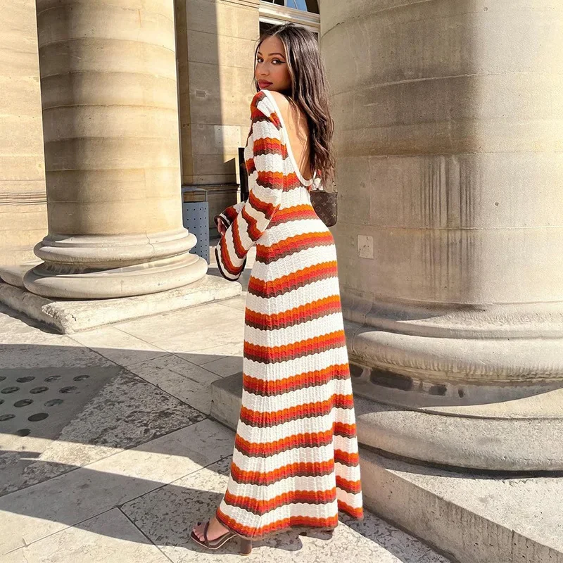 

2024 Y2k Striped Contrast Color Beach Vacation Sexy Long Dress Women Cotton Knitted Backless Flared Sleeve Maxi Dresses Vestidos