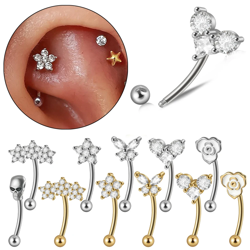 1pcs Crystal Flower Rook Piercing Stainless Steel Sparkle Zircon Rook Piercing Jewelry Cartilage Tragus Earrings Curved Barbell