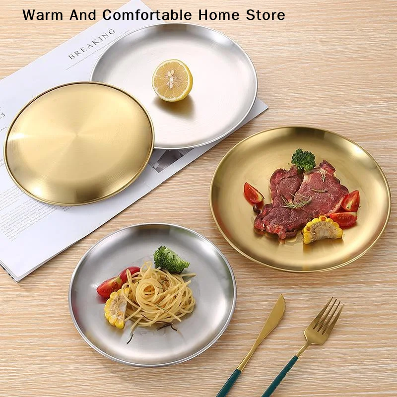 【W】14/17/20/23cm Round Plate Dessert Plate Fruit Dish Barbecue Plate Bone Spitting Dish 201 Stainless Steel Tray Tableware