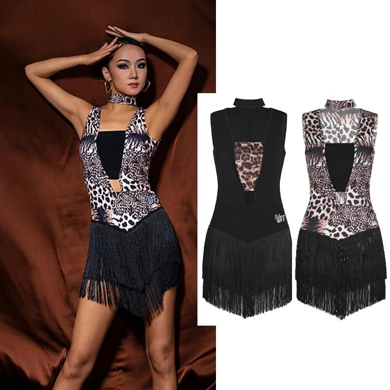 Black Leopard Laitn Dance Dress Women'S Sexy Cutout Dancing Dresses Ballroom Dance Dresses Adult Stage Samba Dancewear SL8477