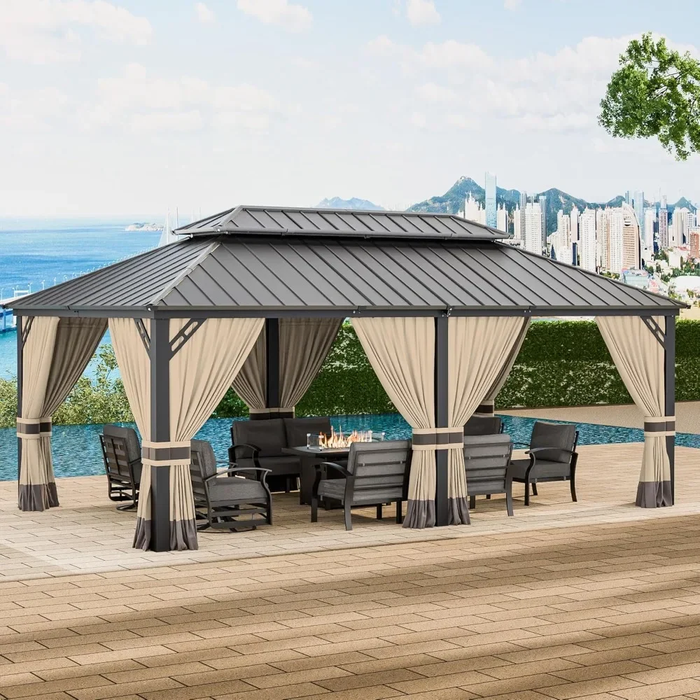 

12’x20’ Hardtop Gazebo Outdoor Aluminum Frame Gazebos Galvanized Steel Double Roof Gazebo with Nettings and Curtains