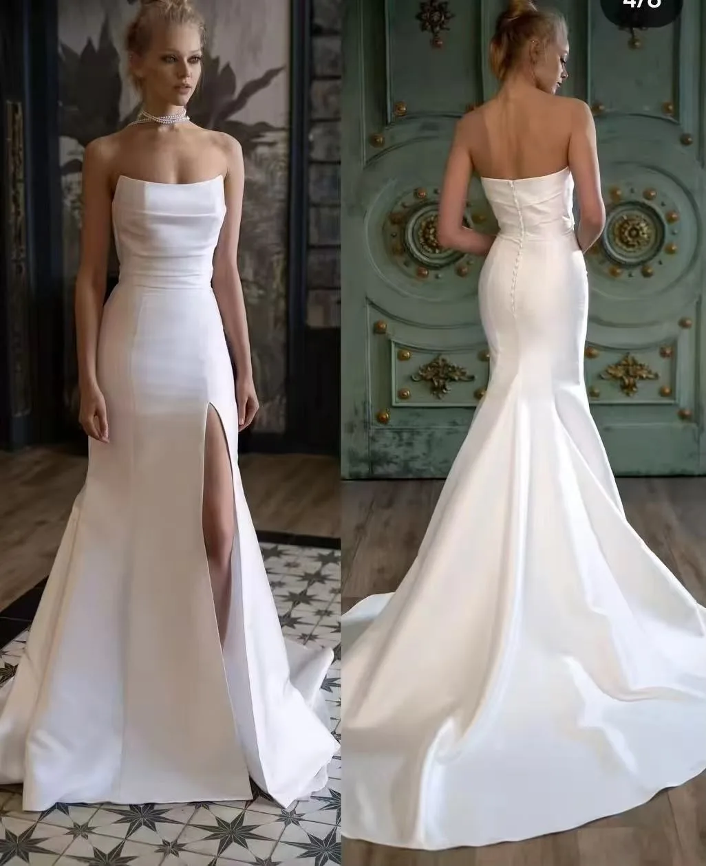 Customize Elegant 2025 Satin Side Slit Wedding Dress Simple Mermaid Bridal Gowns Buttons Floor Length Court Train vestido de nov