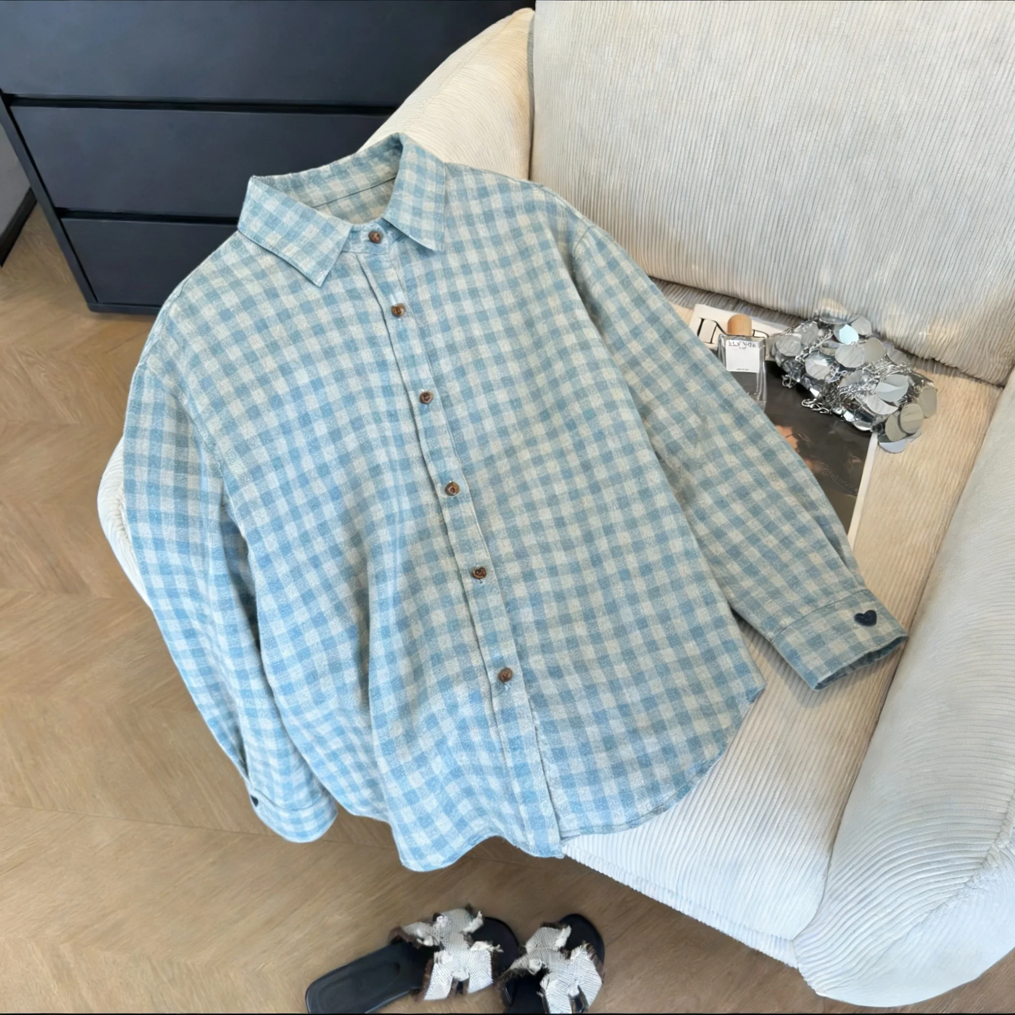 

Ele Vintage Blue Plaid Long Sve irt Women's Loose Fit Slimming Spring Autumn Top Casual Sle Turn-down Collar