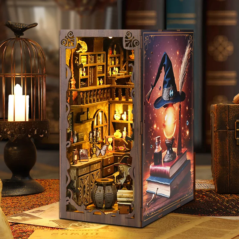 Diy Wooden Magic Light Book Nook Shelf Insert Kits Miniature Model Kit Bookshelf Assembled Bookends For Friends Birthday Gifts