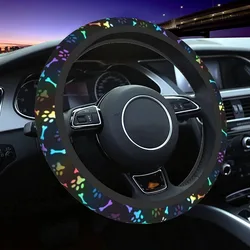 Black Rainbow Dog Paw Print Steering Wheel Cover Colorful Cute Bones Stearing Wheeler Covers Car Interior Accessories 15 Inch