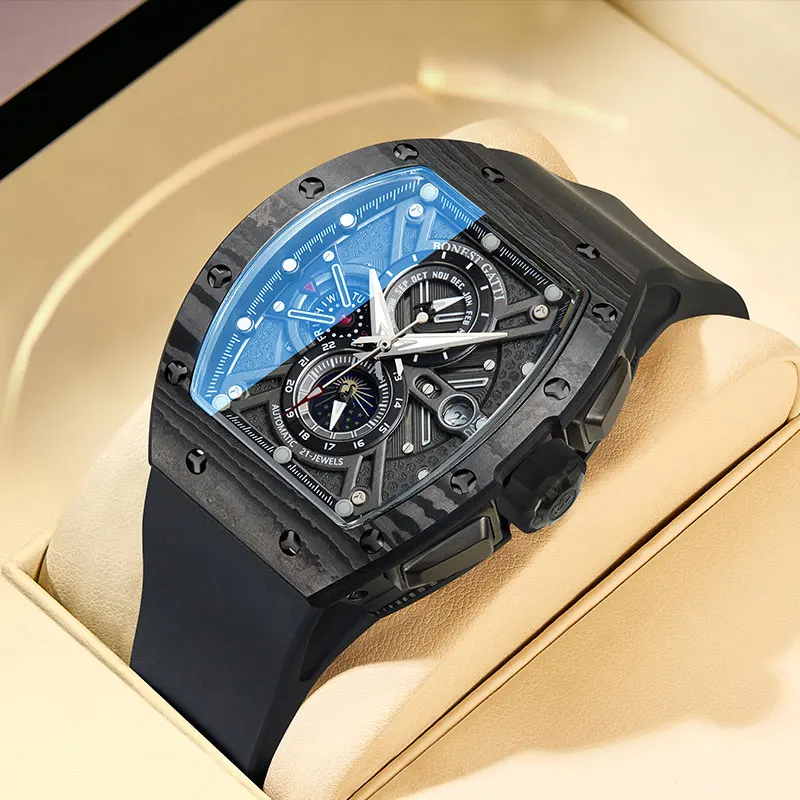 BONEST GATTI BG9007 Men Automatic Watch Tonneau Mechanical Wristwatch Sapphire Luminous Carbon Fiber Month Week Date 24 Hours