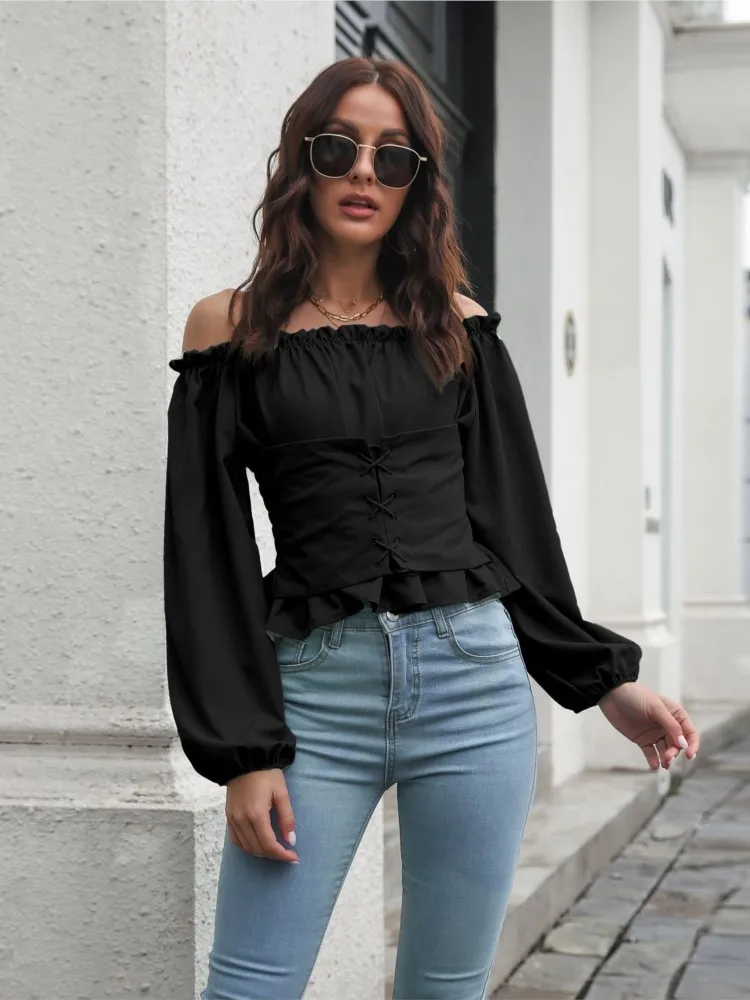 Autumn Women's Clothing Front Strap Lantern Sleeve One Collar Waist Cinched Waist Waist Short Top Long Sleeved Chiffon Shirt