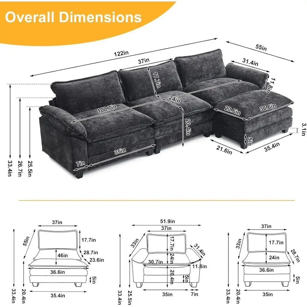 

Deep Seat Sleeper Sofa with Ottoman, Chenille Upholstery for Living Room, 3-Seat and Ottoman, Black