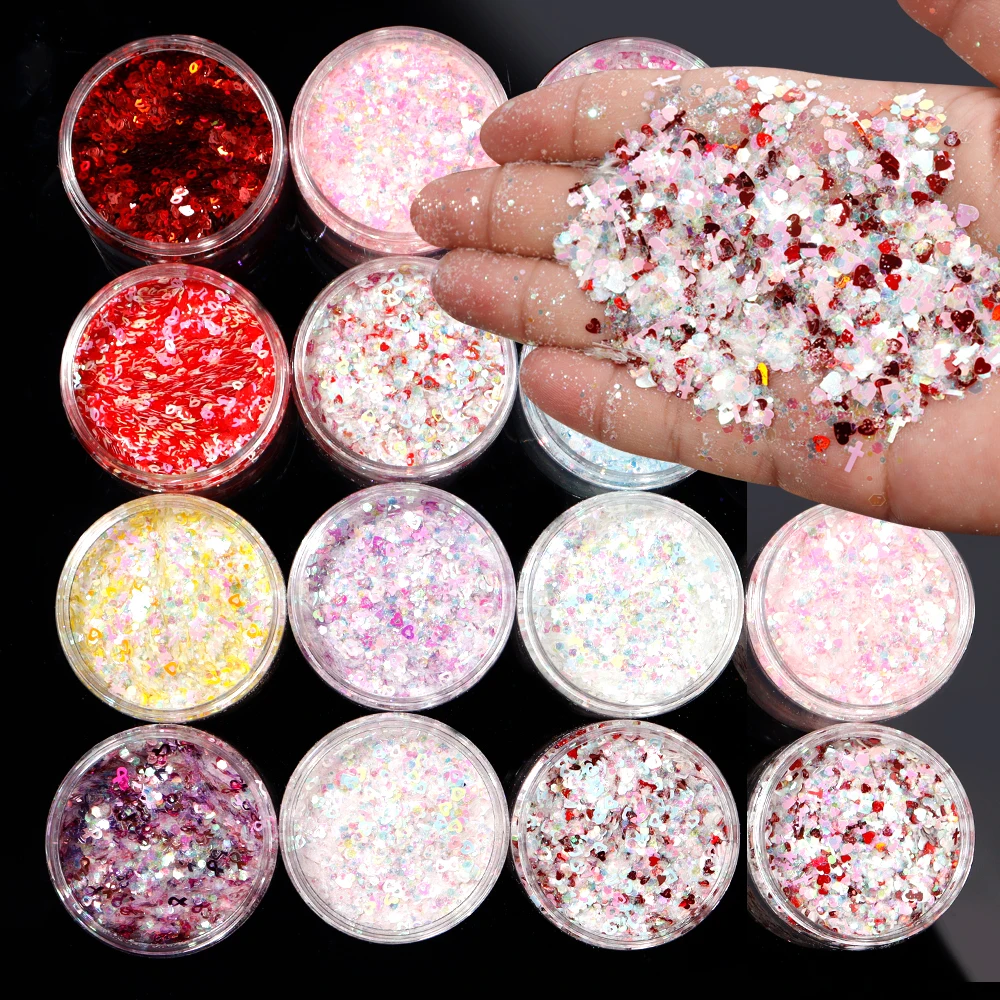 50g/bottle Valentine Chunky Nail Glitter Ultra thin Love Heart Nail Glitter Powder Mixed Pink Lovers Nail Decorations Xmas Gift