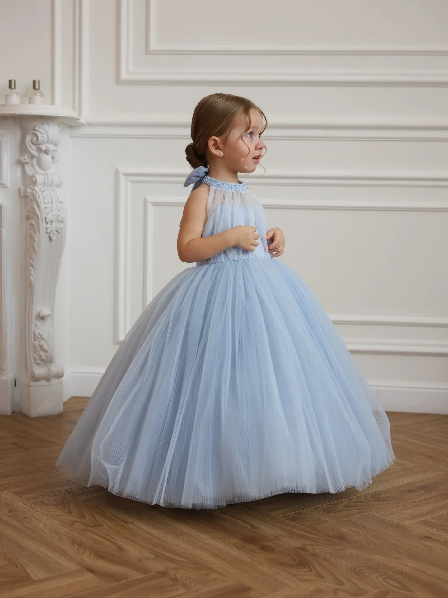 

POD Custom Tulle Flower Girl Dress Light Blue vestidos de fiesta Elegantes Kids Wedding Pageant Birthday Princess Formal Gown