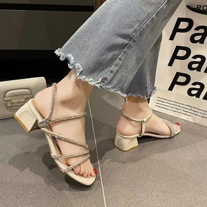 Fairy Style Rhinestone Thick Heel Sandals Women's Summer Versatile Square Head Skirt One Strap Two Wear Slip-On Shoes view 6