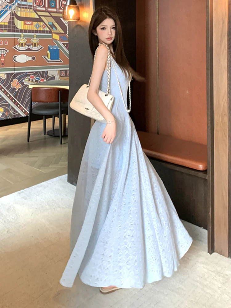 Women Vacation Clothes Sweet Blue Sheer Sexy Tank Slim Maxi Long A-Line Dress Elegant Lady Fashion Party Prom Vestidos Robe New