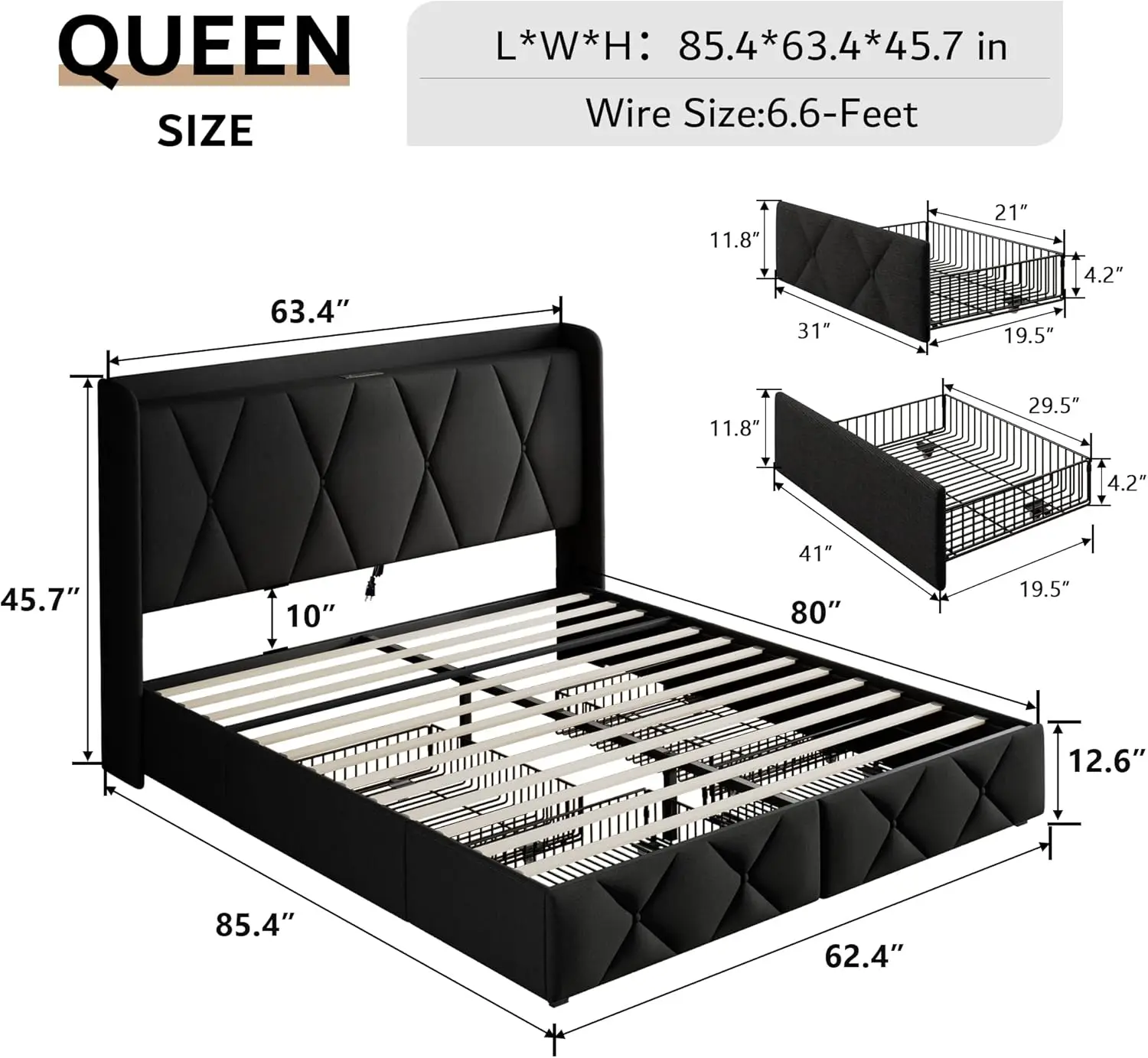 Ipormis Queen Bed Frame With 4 Storage Drawers, Upholstered Platform Bed Frame With Charging Station, Modern Wingback Storage