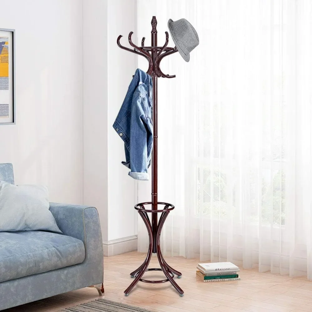 75.5-inch vertical coat rack, wooden coat tree with 12 hooks, home coat jacket hanger with 12 umbrella racks (brown)