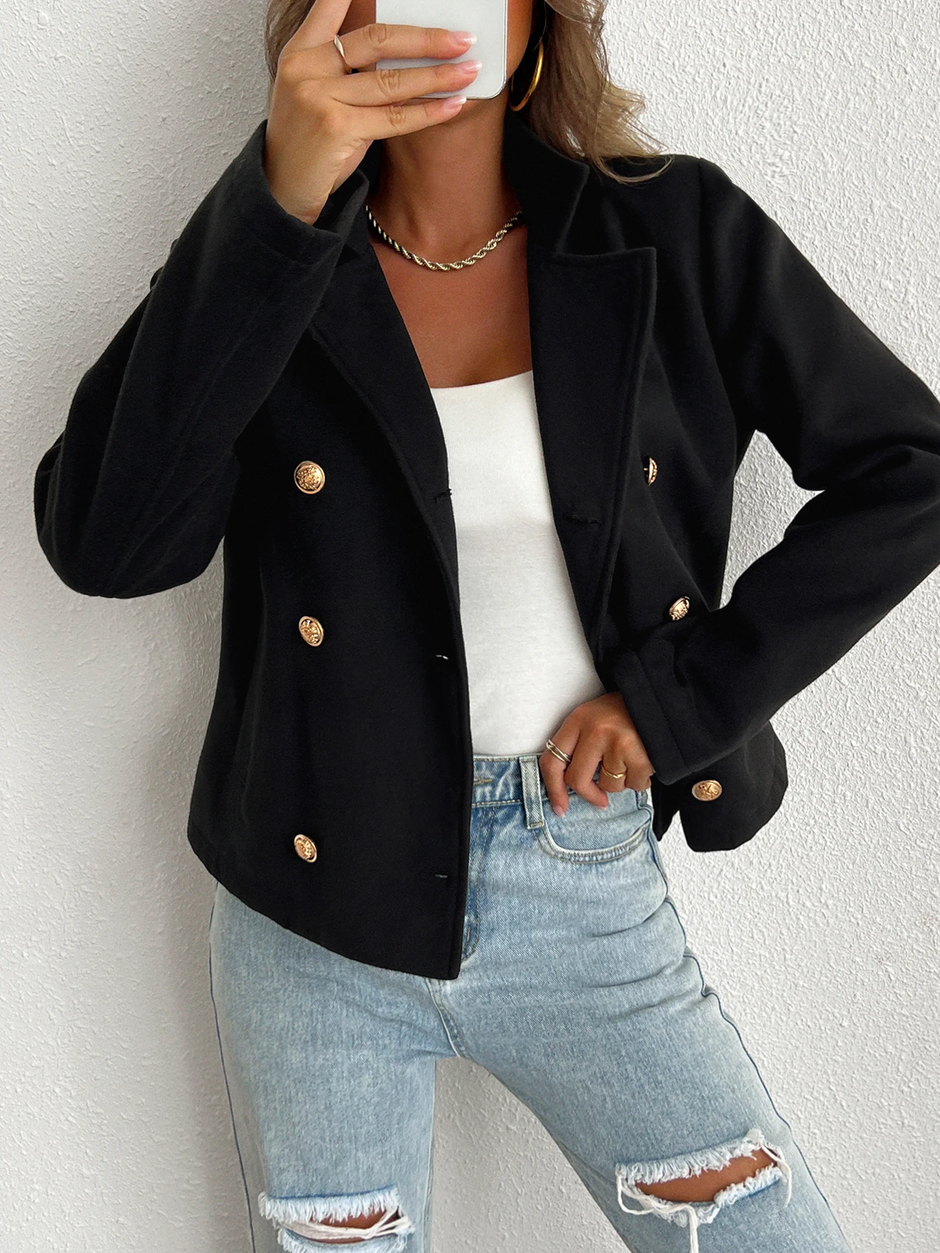 

2024 autumn and winter women's casual double breasted jacket fashionable women's short jacket black lapel woolen short jacket