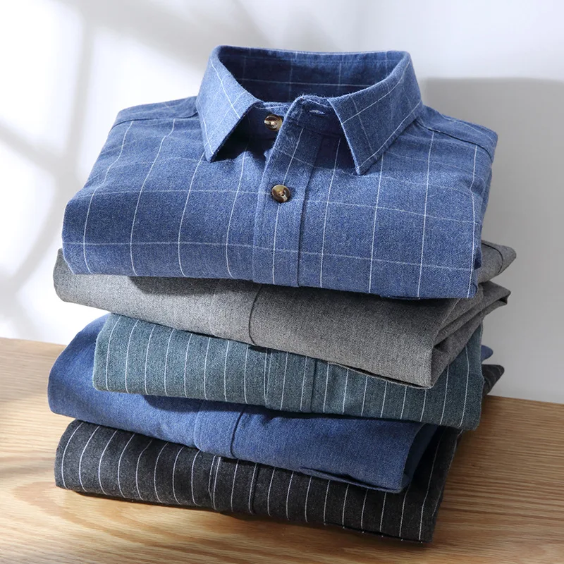 2025 Spring and Autumn New Polished Shirt Men's Casual Flannel Striped Color Spinning Trend Solid Color Cardigan Lapel Shirt