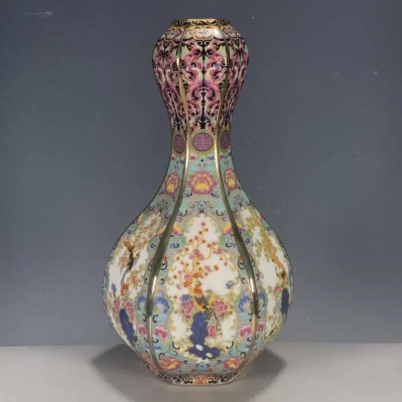 Chinese Enamel Gilded Flower Bird Garlic Porcelain Vase Multi Faceted pink enamel Ceramic Bottle Home Decor Collectible Craft