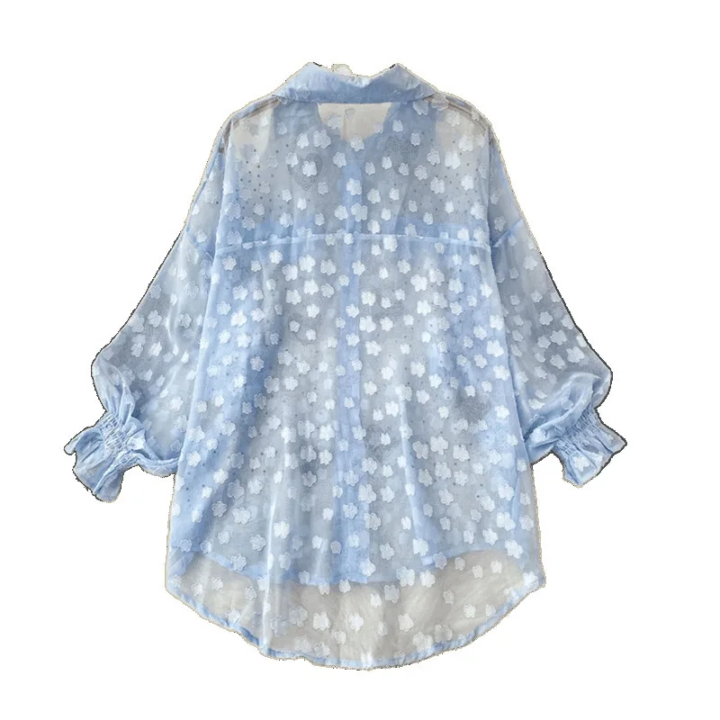 Einzigartiges Design, ohrförmiger Strass-Umlegekragen, Laternenärmel, Sonnenschutzhemd für Damen, Sommer, locker, mittellang