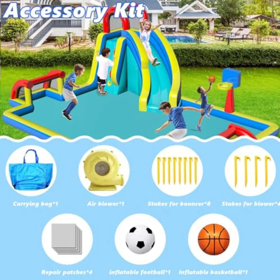 Outdoor inflatable bounce house for kids 3-10: PVC material, blue and red, includes slide, double soccer goal, splash pool, bas
