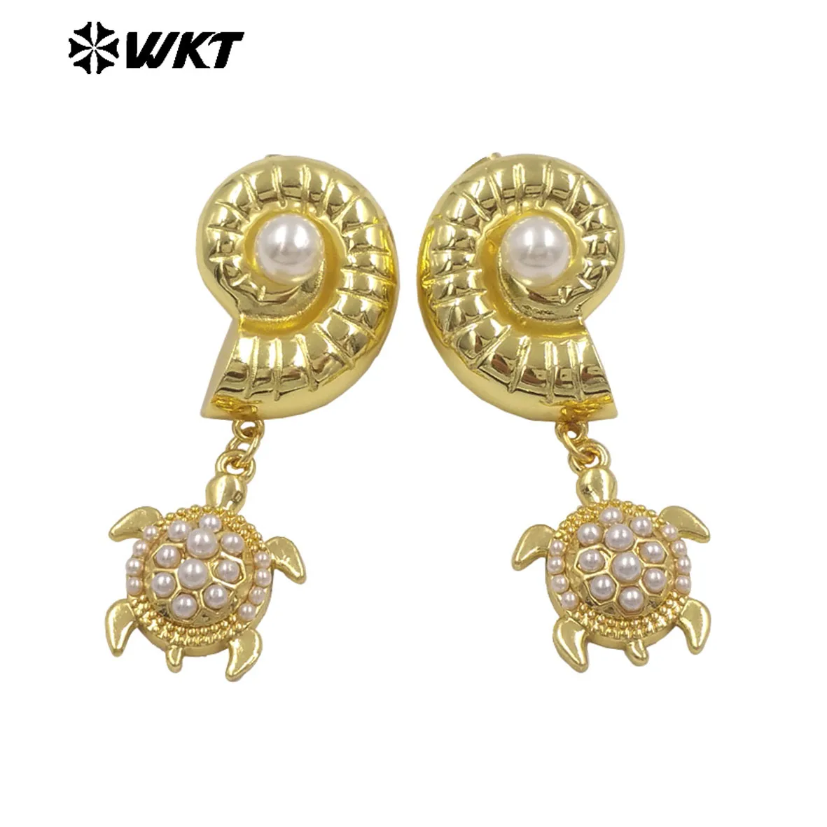 

WT-ME134 Exquisite Lovely Turtle Starfish Charms Long Brass Artificial Pearl Earring Cute Accessory For Friends Birthday Gifts