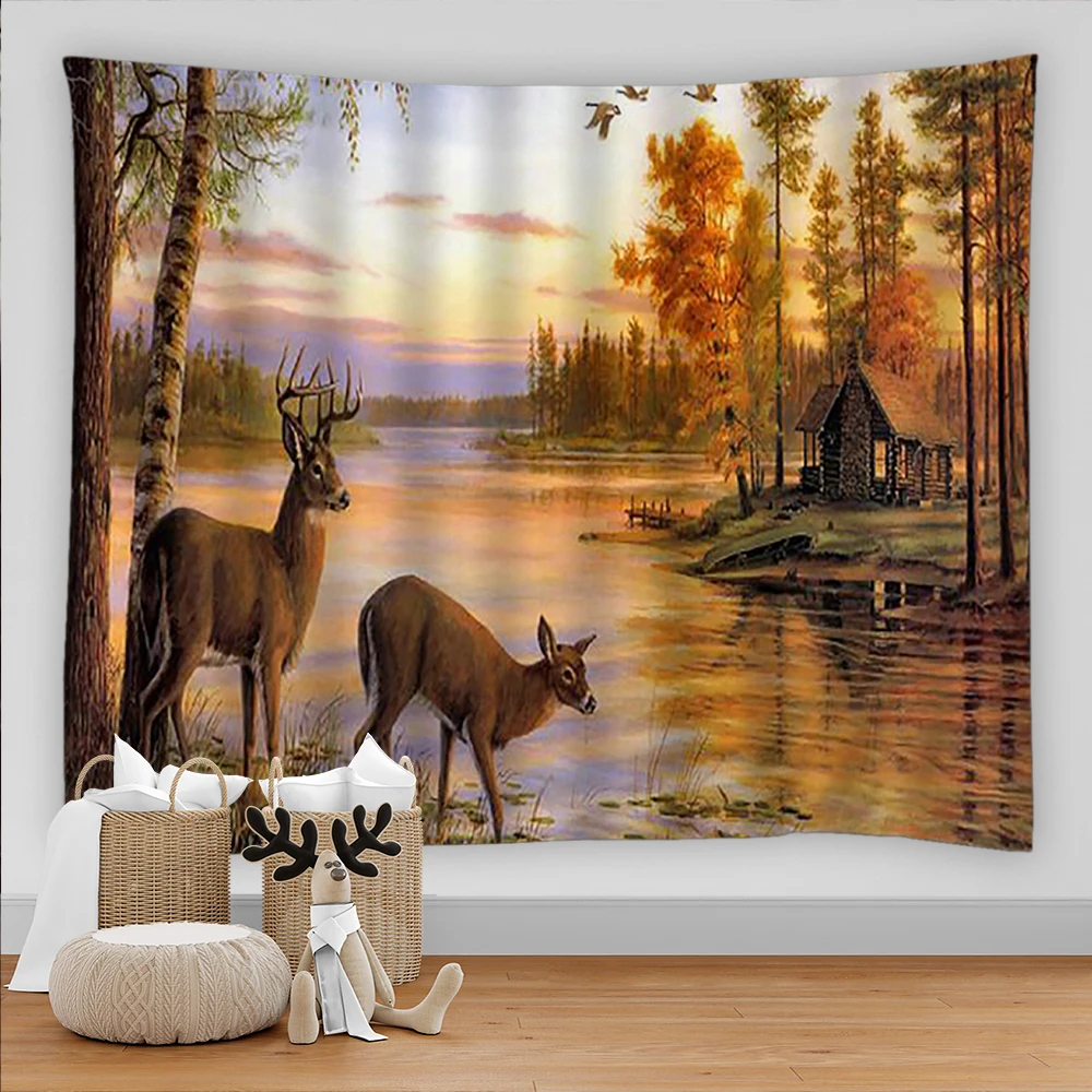 Elk Forest Landscape Tapestry Large Wall Hanging Hippie Bohemian Background Carpet Home Decoration