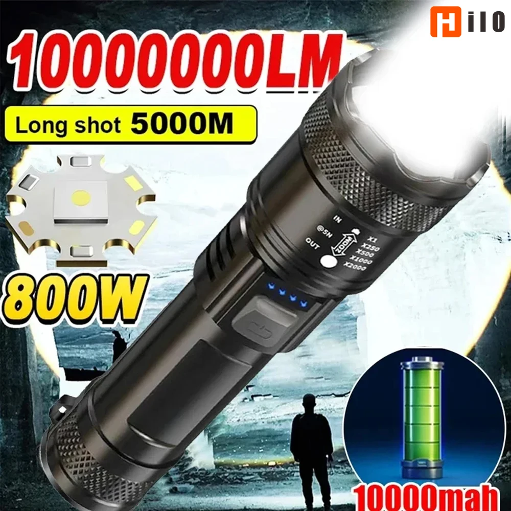 High Strong Power Led Flashlights 2000LM Tactical USB Charging Camping Emergency Fishing Zoom Lantern Torch with Display Light