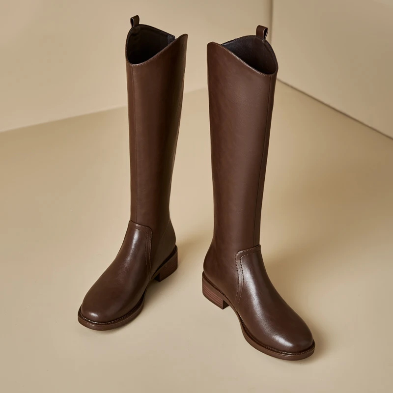 QUTAA News Fashion Winter Women Knee High Boots Round Toe Woman Shoes Low Heels Cow Leather Motorcycle Long Boots Black 34-42 - Image 3