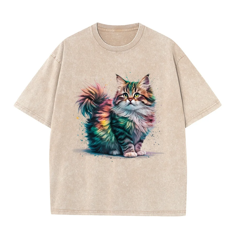 Cat Men Women Colourful Watercolour T-Shirt Men's Muscle Fit Short Sleeve Funny Shirt Plus Size Cute Print 100 Cotton T Pet