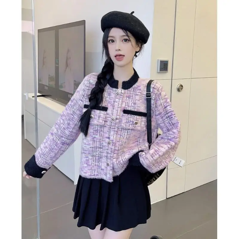 Contrast Plaid Button Patchwork Elegant Cardigan Autumn Winter New Long Sleeve Loose Temperament Tops Korean Trend Women Clothes