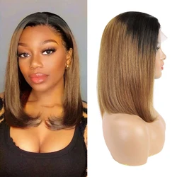 Short Ombre Honey Blonde Bob Wig With Baby Hair Honey Brown Straight Human Hair Wigs 13*4 Lace Part Brown Wigs For Black Women