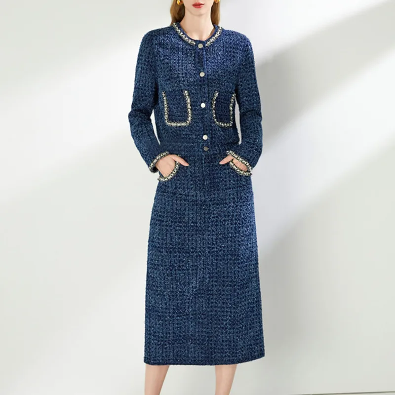 QMQA Fashion Women's French Tweed 2 Piece Sets Round Neck Long Sleeve Top High Waist Split Skirts Set 2025 Female New QM159