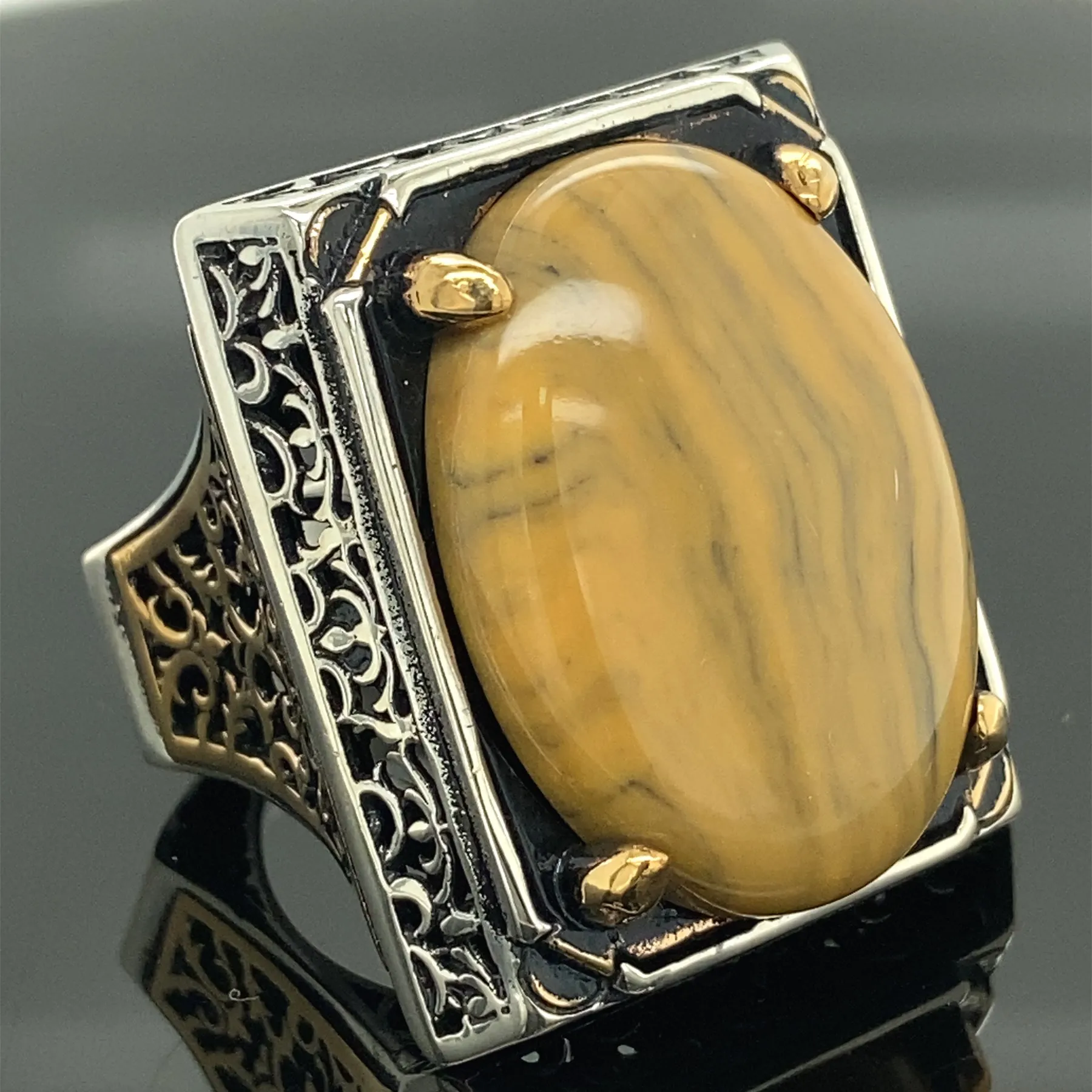 

Amber Stone Ring, Turkısh Handmade Ring ,Oval Gemstone Ring , 925k Sterling Silver Amber Stone Men's Ring