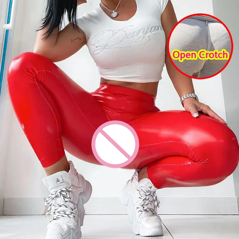 Women High Waist Open Crotch Leather Leggings Outdoor Sex PU Pencil Pant Double Zipper Seamless Faux Latex Slim Club Butt Lifter