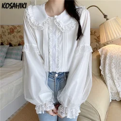 KOSAHIKI Jk Shirts Women Kawaii Peter Pan Collar Japanese Style Lolita White Lace Mesh Blouse Student Top Daily Sweet Fashion