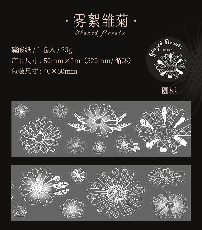 Journal GO 5cmx2m Weißes Blumen-Klebeband mit Tintenmuster, Pergamentpapierband für Journaling, Scrapbooking, Planer, Basteln, Papierwaren – Detail 15