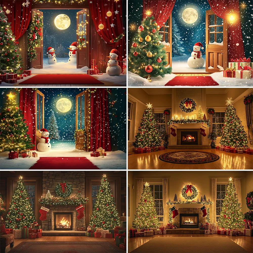 

Red Christmas Fireplace Background Photography Xmas Tree Gift Candle Background Decor Winter Family Indoor Photo Studio